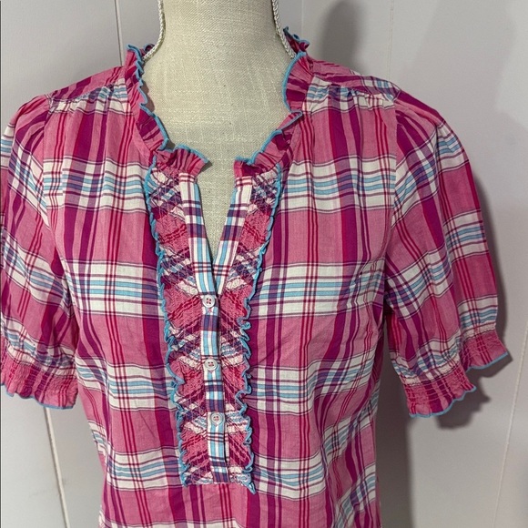 Talbots Pink Plaid Ruffle Blouse - Picture 2 of 5